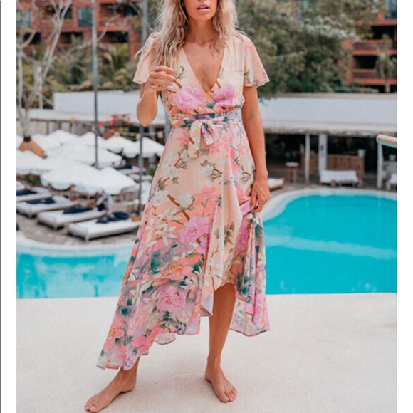 Pink Ruffle Boho Floral Gypsy Print Maxi Dress - Picture 2 of 11